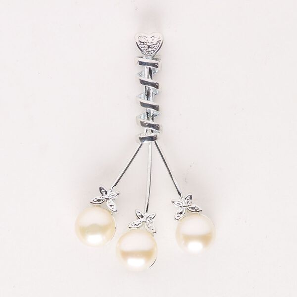 Pendant, imitation rhodium-finished "pewter" (zinc-based alloy) / glass pearl / cultured freshwater pearl (dyed), light satin pink, 50x30mm-52x33mm with heart and butterfly design. Sold individually. image number 0