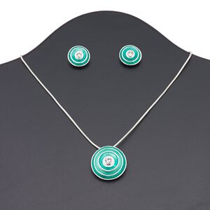 Necklace and earring set, enamel / glass rhinestone / silver-finished steel / brass / "pewter" (zinc-based alloy), aqua blue and clear, 28mm round, 16 inches with 3-inch extender chain and lobster claw clasp, 18mm round with post. Sold per set.