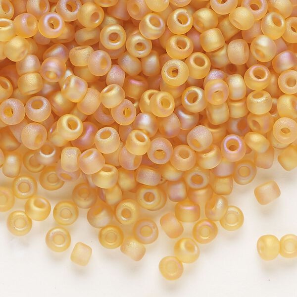 Seed bead, Dyna-Mites™, glass, transparent frosted rainbow amber yellow, #6 round. Sold per 40-gram pkg. image number 0