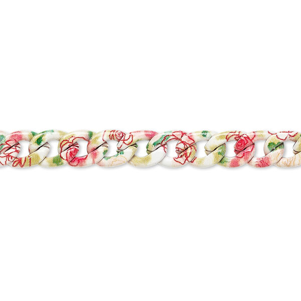 Chain, painted steel, multicolored, 7.1x5.5mm curb with flower and leaf pattern. Sold per pkg of 3 feet. image number 0