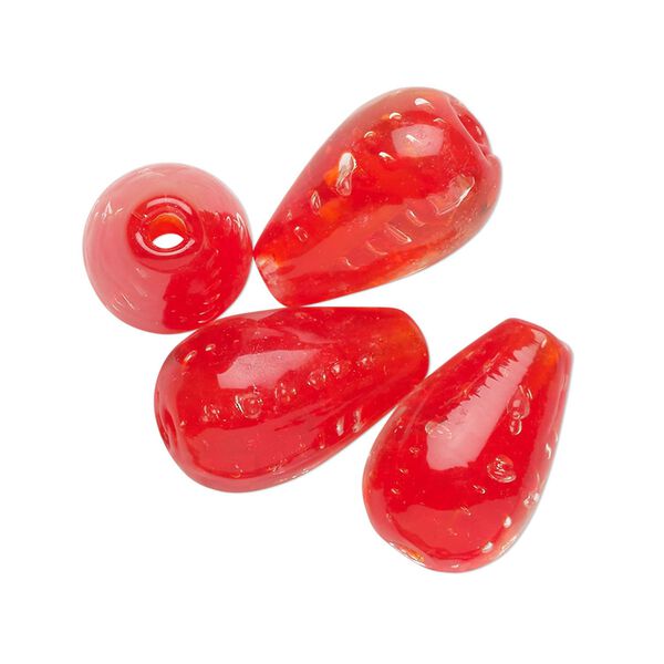 Bead, lampworked glass, translucent red, 17x11mm teardrop. Sold per pkg of 4. image number 0