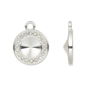 Drop, Almost Instant Jewelry®, cubic zirconia and silver-finished "pewter" (zinc-based alloy), clear, 16mm single-sided round with SS39 rivoli glue-in setting. Sold per pkg of 2.