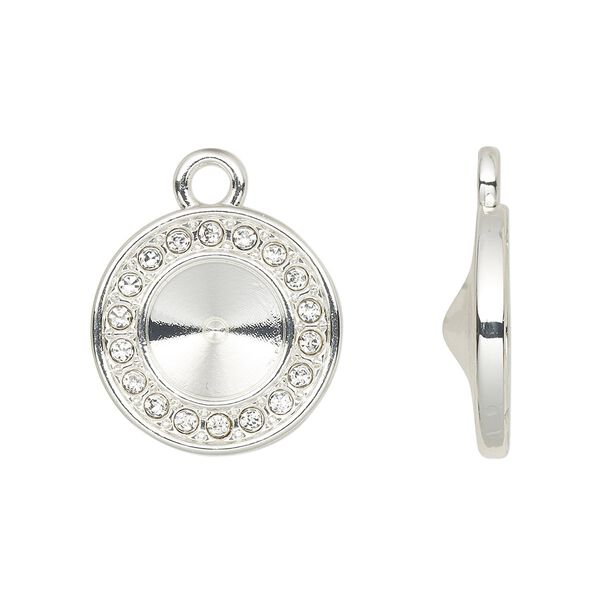 Drop, Almost Instant Jewelry®, cubic zirconia and silver-finished "pewter" (zinc-based alloy), clear, 16mm single-sided round with SS39 rivoli glue-in setting. Sold per pkg of 2. image number 0