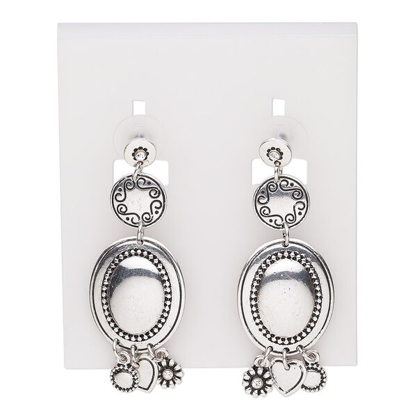 Earring, glass rhinestone / stainless steel / antique silver-plated "pewter" (zinc-based alloy), clear, 2-1/4 inches with round and dangles with post. Sold per pair. image number 0
