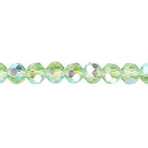 Bead 1pk 32 facets translucent lime green AB, Celestial Crystal® 6mm round 15.5-16 inch