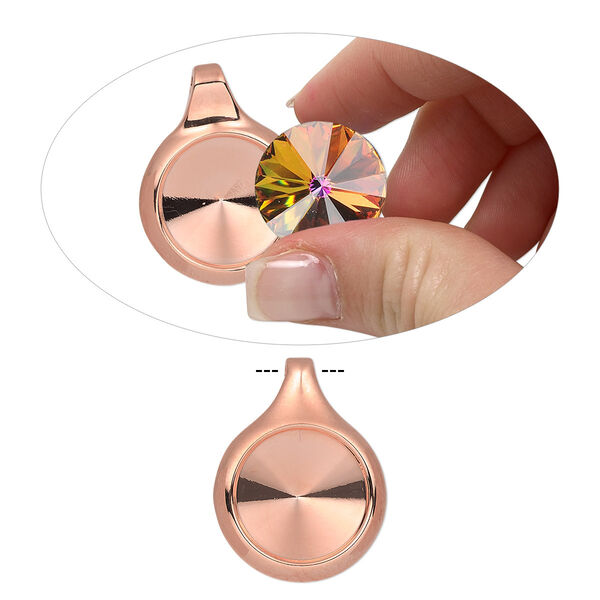 Pendant, Almost Instant Jewelry®, copper-plated "pewter" (zinc-based alloy), 25x19mm single-sided round with 14mm rivoli setting and tube bail. Sold individually. image number 0