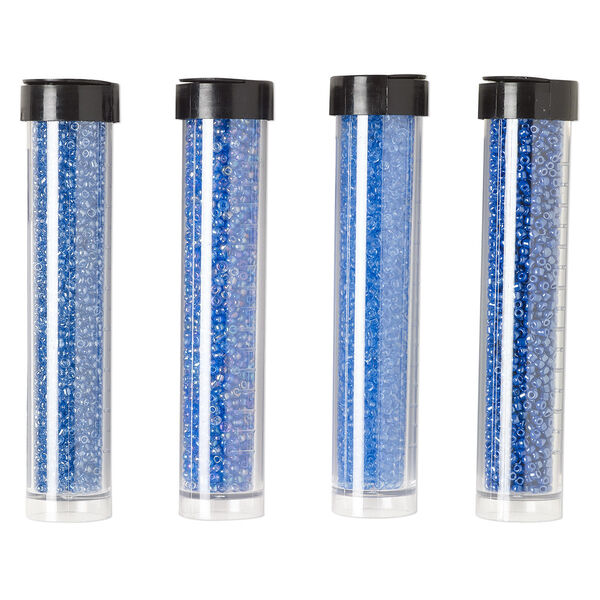 Seed bead assortment, Ming Tree™, glass, pkg/(4) 4 x 3/4 inch vials, #11 round, opaque and transparent rainbow luster blue. image number 0