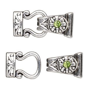 Clasp magnetic fold-over 1pkg2 "pewter" (zinc alloy), 29x13mm, antique silver-finished / green rhinestone 2-strand