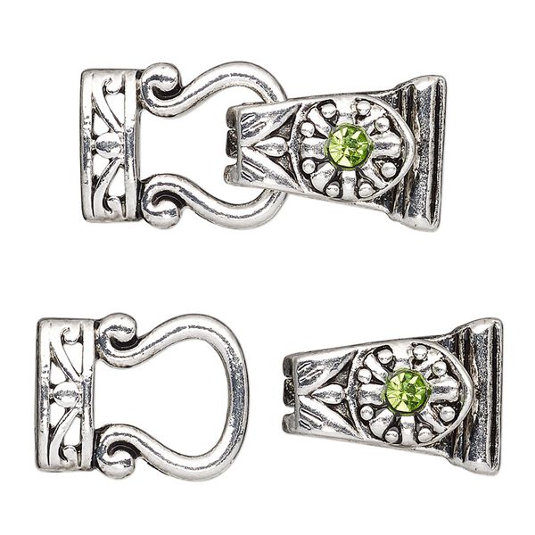 Clasp, magnetic, silver-finished "pewter" (zinc-based alloy) and glass, green, 29x13mm 2-strand fold-over. Sold per pkg of 2. image number 0