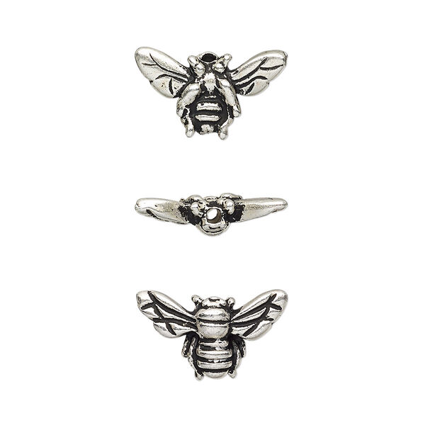 Bead, TierraCast®, antique silver-plated pewter (tin-based alloy), 15.5x9mm honeybee. Sold per pkg of 2. image number 0