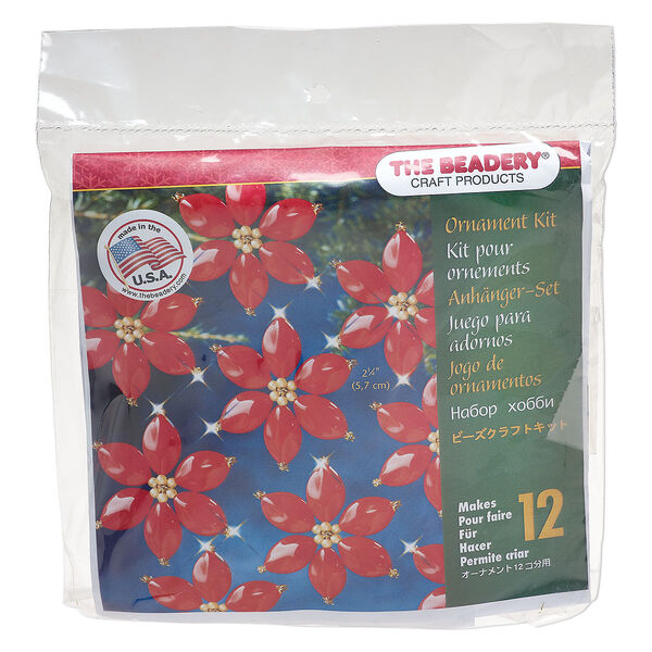 Ornament kit, The Beadery®, plastic, translucent red /opaque white / opaque metallic gold, poinsettia (7009). Sold individually. image number 0