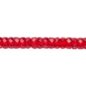 Bead, Czech fire-polished glass, light red, 6x3mm faceted rondelle. Sold per 16-inch strand.