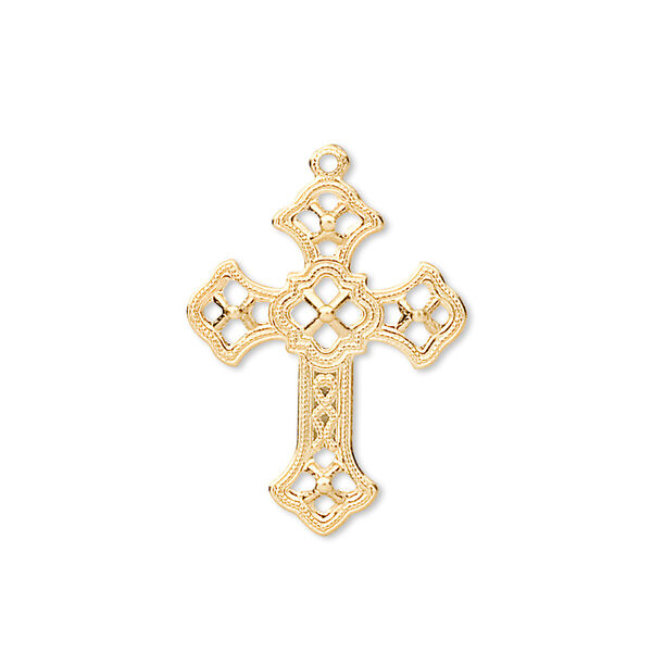 Drop, gold-plated brass, 24x18mm filigree cross. Sold per pkg of 50. image number 0