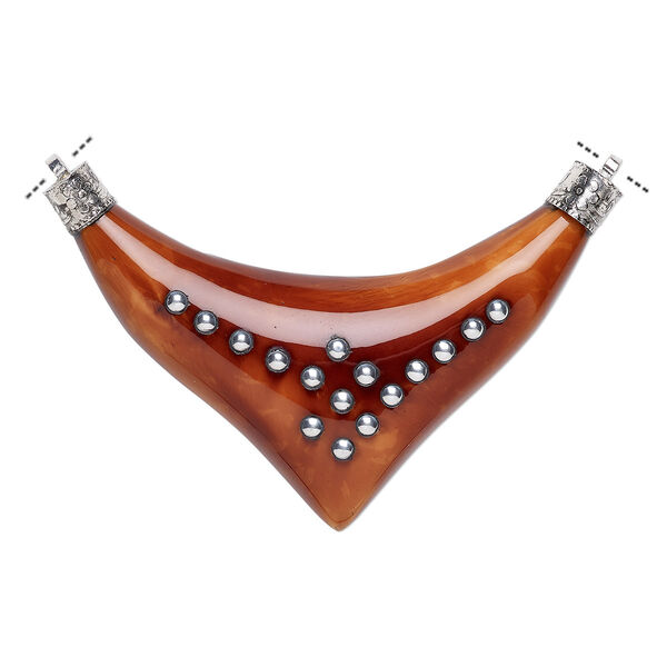 Focal, resin / aluminum / antique silver-finished brass, brown, 3-1/2 x 2-1/4 inch single-sided boomerang with fancy design and 2 loops. Sold individually. image number 0