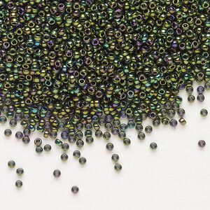 Seed bead, Miyuki, glass, pkg/35g, #15 rocaille, opaque metallic iris dark green (RR-465).