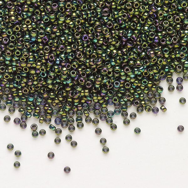 Seed bead, Miyuki, glass, pkg/35g, #15 rocaille, opaque metallic iris dark green (RR-465). image number 0