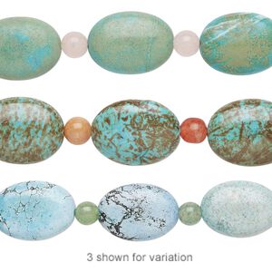 Bead mix, "turquoise" (imitation) resin and multi-gemstone (natural / dyed / heated), multicolored, 5-6mm round and 18x13mm-20x15mm puffed oval. Sold per pkg of 7.