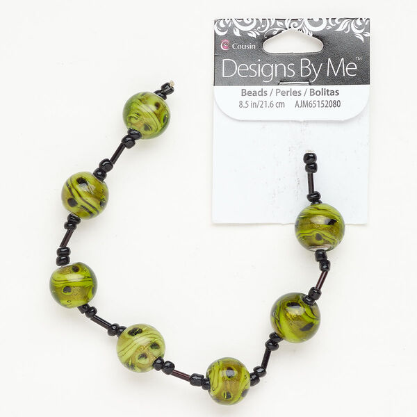 Lampworked glass 1pkg7, round bead green / black / white 13-14mm image number 0