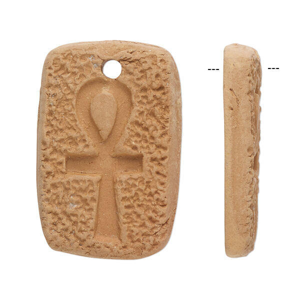 Focal, terra cotta, 33x20mm-34x22mm single-sided flat rectangle with ankh design. Sold per pkg of 2. image number 0