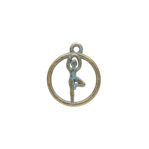 Drop, antique copper-finished "pewter" (zinc-based alloy), green patina, 16mm single-sided open round with cutout yoga tree pose. Sold per pkg of 4.