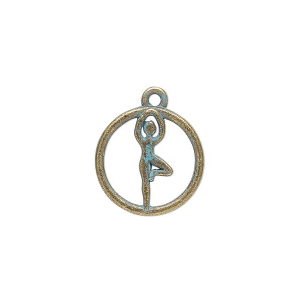 Drop, antique copper-finished "pewter" (zinc-based alloy), green patina, 16mm single-sided open round with cutout yoga tree pose. Sold per pkg of 4. image number 0