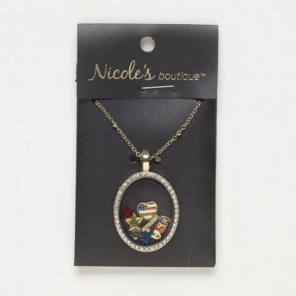 Necklace, glass / enamel / gold-finished "pewter" (zinc-based alloy) / steel, multicolored, 31x25mm oval with mixed designs, 24 inches with lobster claw clasp. Sold individually. image number 0