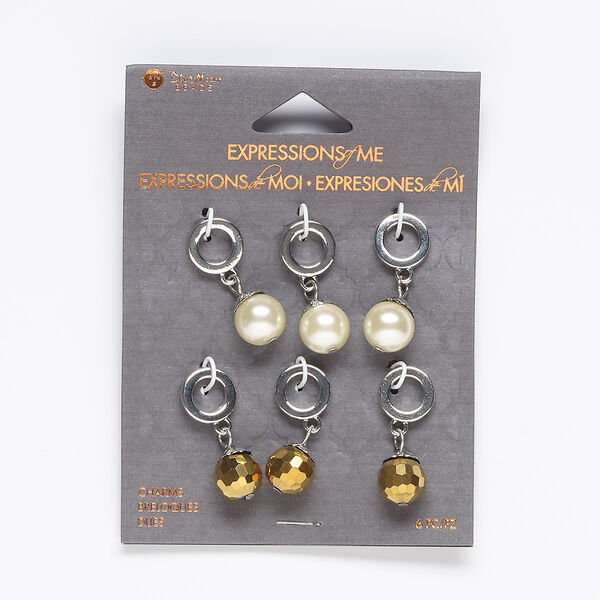 Drop, acrylic / acrylic pearl / silver-finished "pewter" (zinc-based alloy) / steel, cream and topaz, 28x11mm round and faceted round with 6.5mm hole. Sold per pkg of 6. image number 0