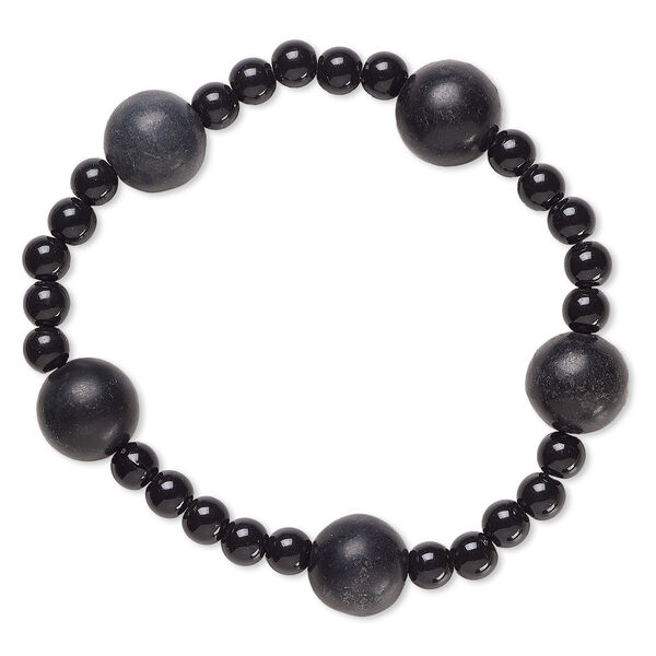 Bracelet, stretch, blackstone (dyed) and acrylic, black, 5mm and 12-13mm round, 6-1/2 inches. Sold individually. image number 0