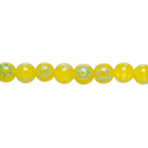 Bead, millefiori glass 1pkg1, translucent yellow / white / light blue, 6mm round, 15 inches.