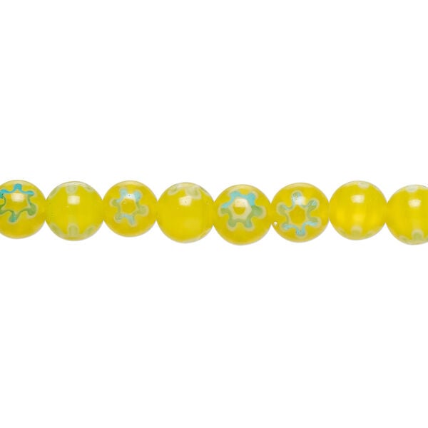 Bead, millefiori glass 1pkg1, translucent yellow / white / light blue, 6mm round, 15 inches. image number 0