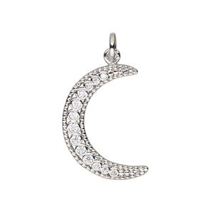 Charm, cubic zirconia and silver-finished brass, clear, 20x14mm single-sided moon with 5mm open jump ring. Sold individually.