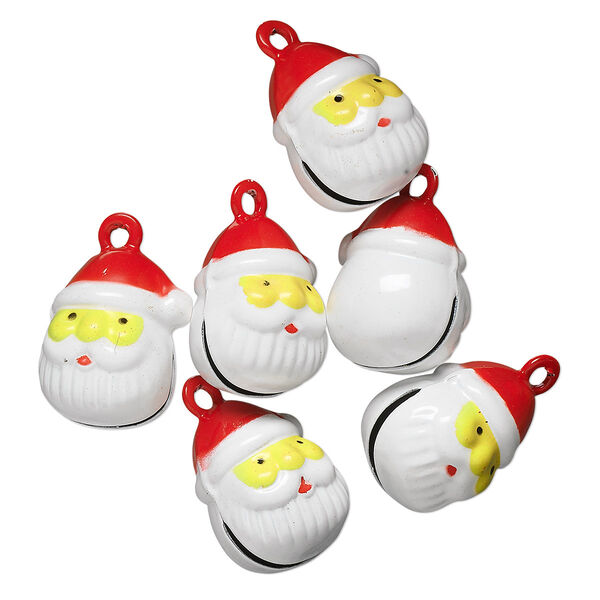 Bell, brass and enamel, multicolored, 19x16mm Santa head with clapper. Sold per pkg of 6. image number 0