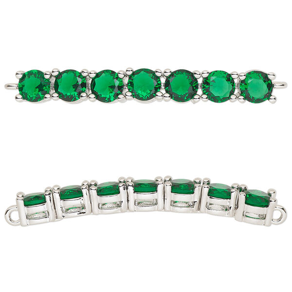 Focal, cubic zirconia and silver-plated brass, emerald, 40x5mm curved rectangle. Sold individually. image number 0
