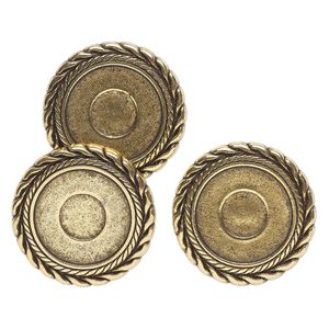 Component, acrylic, antique gold, 44mm round with 29mm flat-back setting. Sold per pkg of 3.