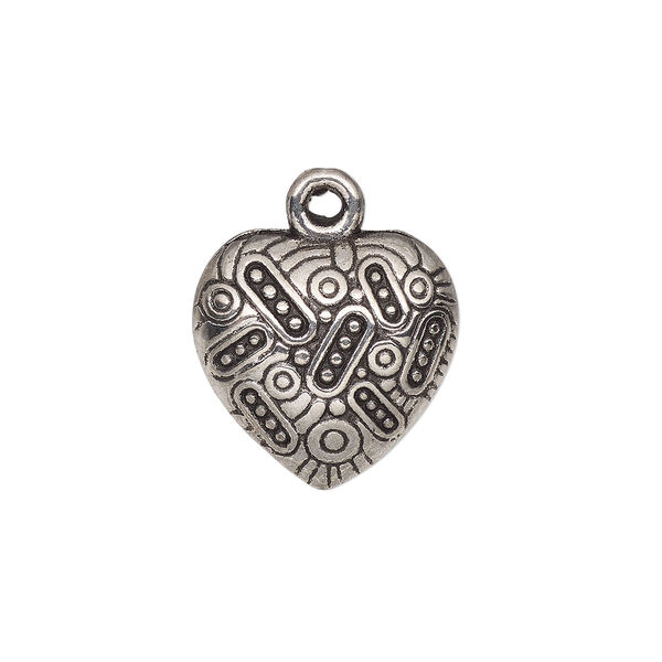 Charm, antique silver-finished "pewter" (zinc-based alloy), 15x14.5mm single-sided heart with dot and oval pattern. Sold per pkg of 10. image number 0