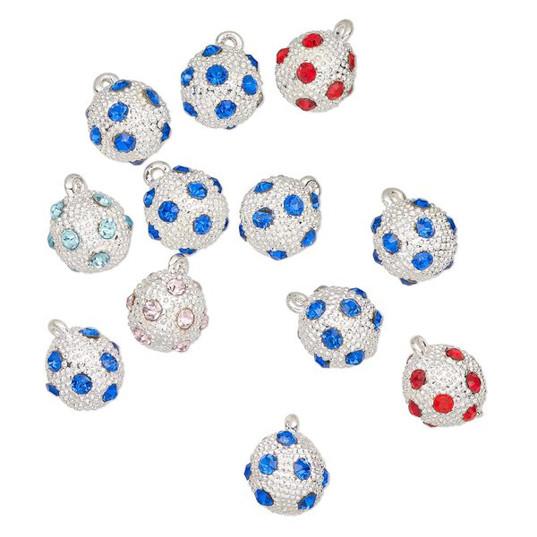 Drop mix, silver finish brass and glass, mixed colors, 12mm round. Sold per pkg of 12. image number 0