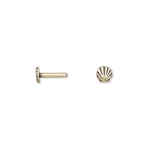 Brad, JBB Findings, antiqued brass, 9x4.5mm with 4.5x4.5mm seashell and 8x1.5mm post. Sold per pkg of 4. image number 0