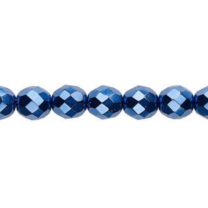 Bead, Czech fire-polished glass, opaque dark blue carmen, 8mm faceted round. Sold per 15-1/2" to 16" strand.