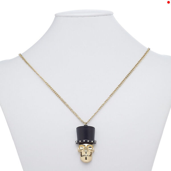 Necklace, glass rhinestone / painted "pewter" (zinc-based alloy) / gold-finished steel, clear and matte black, 46x27mm skull with top hat, 27 inches with lobster claw clasp. Sold individually. image number 0