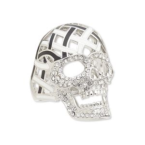 Ring, Avant-Garde Jewelry Collection, enamel / Czech glass rhinestone / imitation rhodium-plated brass, black / white / clear, 34x22mm skull, size 8-1/2. Sold individually.