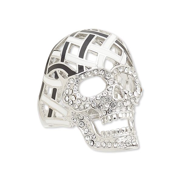 Ring, Avant-Garde Jewelry Collection, enamel / Czech glass rhinestone / imitation rhodium-plated brass, black / white / clear, 34x22mm skull, size 8-1/2. Sold individually. image number 0