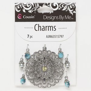 Focal and drop, antique silver-finished "pewter" (zinc-based alloy) / glass / acrylic, blue and grey, 45mm fancy flower and (6) 9x6mm round. Sold per pkg of 7.