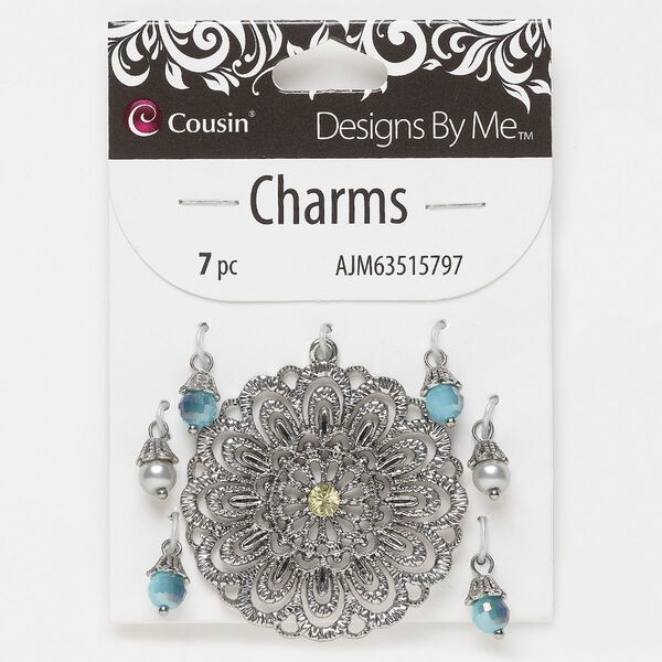 Focal and drop, antique silver-finished "pewter" (zinc-based alloy) / glass / acrylic, blue and grey, 45mm fancy flower and (6) 9x6mm round. Sold per pkg of 7. image number 0