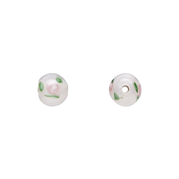 Bead, Czech lampworked glass, opaque white / pink / green, 6-7mm round with flower design. Sold per pkg of 10. image number 0