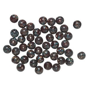 Bead, glass, opaque turquoise blue and brown with copper-colored glitter,12mm round. Sold per pkg of 50.
