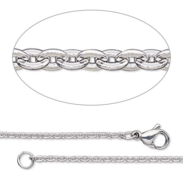Chain, steel and stainless steel, 2.4x1.8mm flat oval cable, 18 inches with lobster claw clasp. Sold individually. image number 0