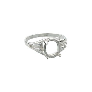 Ring, Sure-Set™, sterling silver, two-leaf band with 10x8mm 4-prong oval setting, size 6. Sold individually.