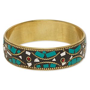 Bracelet, bangle, brass and resin, multicolored, 22mm wide with abstract design, 8-1/2 inches. Sold individually.