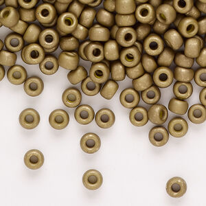 Seed bead, Miyuki, 1pkg25g, glass, #6 rocaille, opaque matte gold luster golden olive (RR-2032)