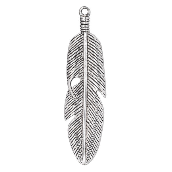 Focal, antique silver-plated "pewter" (zinc-based alloy), 57x16mm double-sided feather. Sold per pkg of 4. image number 0